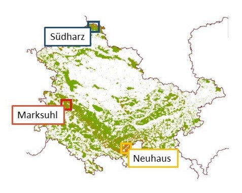 Grobe Karte von Thüringen mit den drei im Text genannten Standorten: Südharz in Nordthüringen, Marksul im Westen und Neuhaus im Süden.